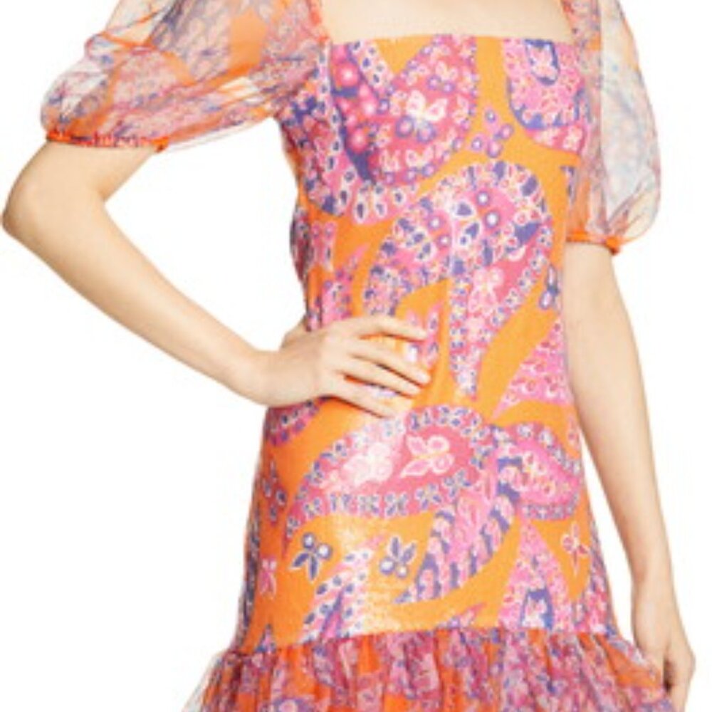 STAUD Wilde Gown - MONARCH PAISLEY - Size 6 - Orange Pink Sequin Sheer FORMAL - Picture 3 of 12